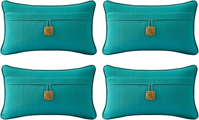 Outdoor Decorative Pillows with Coconut Button Pack of 4, 20" x 12" Outdoor Pillow Set for Couch Bed Throw Patio Sofa, Peacock Blue