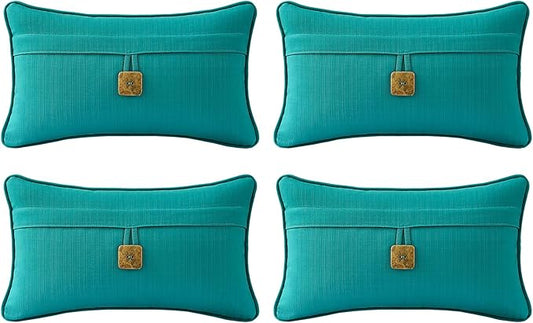 Outdoor Decorative Pillows with Coconut Button Pack of 4, 20" x 12" Outdoor Pillow Set for Couch Bed Throw Patio Sofa, Peacock Blue