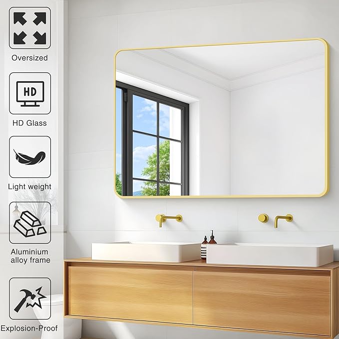 36"x48" Bathroom Mirror, Gold Rectangle Mirror, Large Rectangular Wall Mirror, Rounded Corner Vanity Mirror with Aluminum Metal Frame for Bathroom Bedroom Living Room Horizontal/Vertical