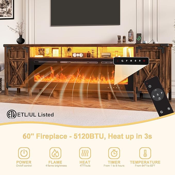 94.5" Fireplace TV Stand for TVs Up to 100", Farmhouse Entertainment Center with 60" Electric Fireplace & LED Lights, Large TV Console for Living Room, Barn Door Cabinet & Open Shelf, Brown