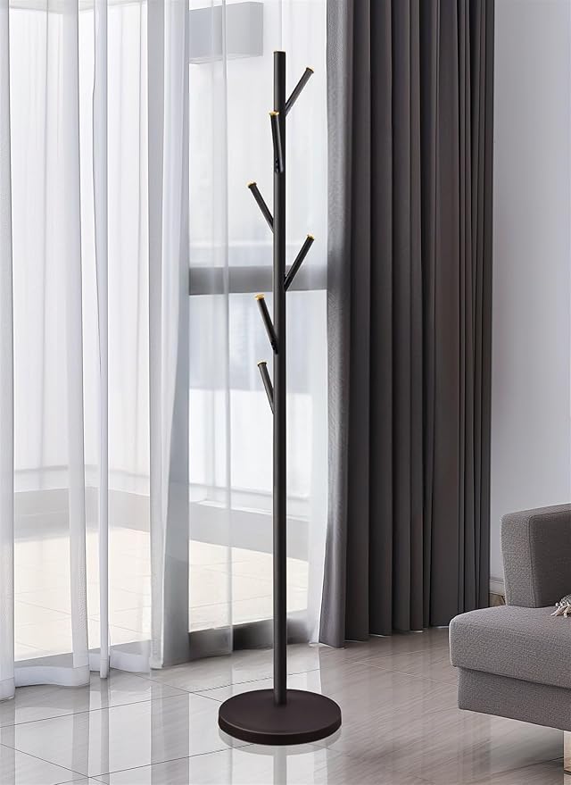Kira Home Addison 68" Modern 6 Hook Free Standing Metal Coat Rack, Weighted Base, Gold Cap Accents + Oil-Rubbed Bronze Finish