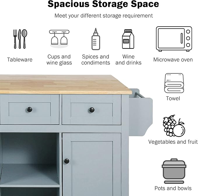 Rolling Kitchen Island Cart on Wheels with Drop-Leaf Cabinet Door Internal Storage Rack, 3 Drawers for Kitchen, Dining Room, Living Room, Home Bar, Bathroom 53.1"W*29.5"D*37.2"H Grey Blue