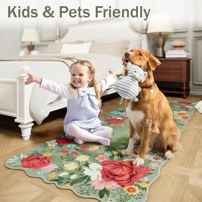 Floral Washable Area Rug 3'x5' Non Slip Boho Vintage Low Pile Soft Carpet for Living Room, Dining Room, Bedroom High Traffic Areas Indoor Rug for Bathroom, Entryway Decor (Green