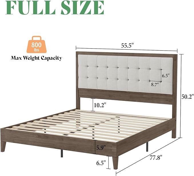 AMERLIFE Full Size Solid Wood Bed Frame with Tufted Headboard, Mid-Century Style, No Box Spring Required, Easy Assembly, Ash Gray