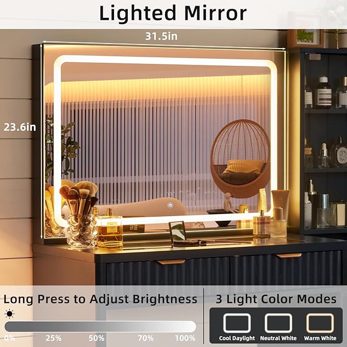 LEYAOYAO Vanity Desk with Mirror and Lights, 43.5'' Fluted Makeup Vanity with 6 Drawers and Adjustable Shelves, Glass Top Make Up Vanity, Girls Wood Dressing Table with Power Outlet for Bedroom