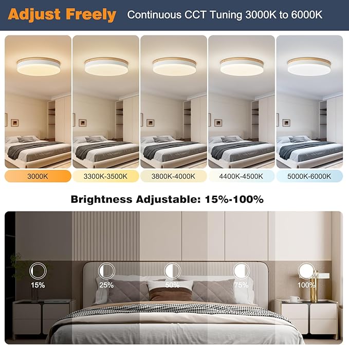 Modern Dimmable White Ceiling Lights with Remote, 11.8in Wood Flush Mount Ceiling Light Fixtures, 24W 3000K-6000K Color Adjustable, 2200LM Round Ceiling Lamp for Bedroom, Kitchen, Hallway