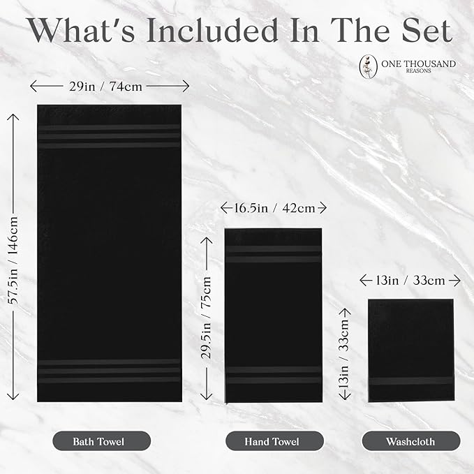 Zero Twist Bathroom Towel Set - Luxury Bath Towel Sets for Bathroom, Hands, and Washcloths - Quick Dry and Absorbent - 6 Pieces, 3 Stripe, Black