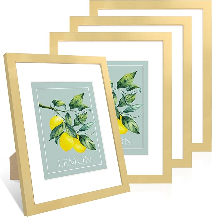 11x14 Picture Frame Set of 4, 11 x 14 Wood Photo Frames with Mat for 8x10, Wooden Frame with Real Glass Cover for Wall and Tabletop Display,Gold