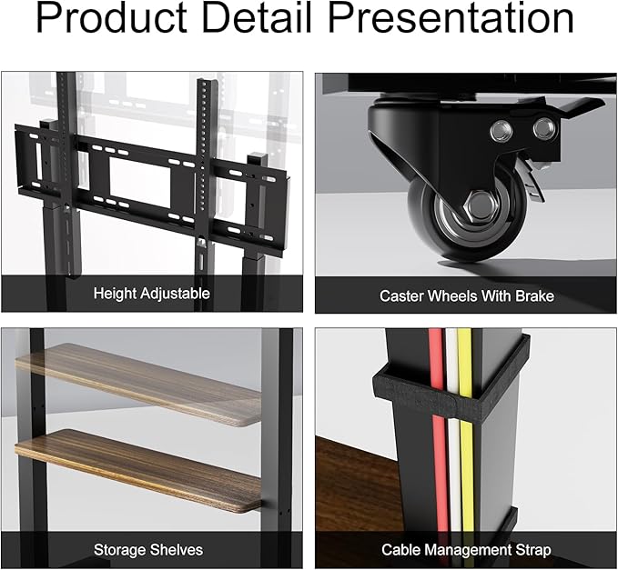 unho Rolling TV Cart Rolling TV Stand with Wheels for 40 55 65 75 85 100Inch LCD LED Flat up to 220 lbs, Max VESA800x600 mm Heavy Duty Portable Floor TV Stand Large Base Trolley Height Adjustable