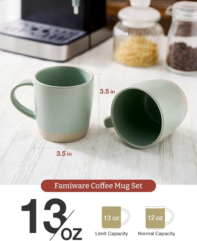 famiware Coffee Mugs Set of 6, Milkyway 13 oz Mug Set, Ceramic Cup Set with Handle for Coffee, Tea, Cocoa, Milk, Light Green