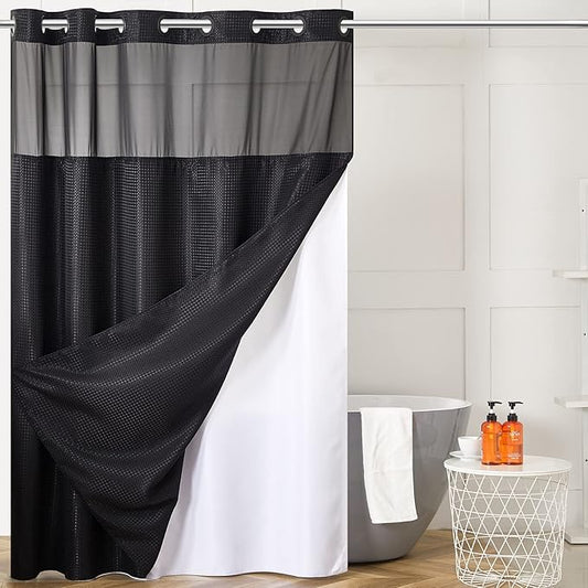 No Hook Hotel Shower Curtain with Detachable Liner,Heavy Duty Waffle Weave Textured Fabric Bathroom Curtain with See Through Window,Waterproof & Machine Washable,Black,71x78 Inch