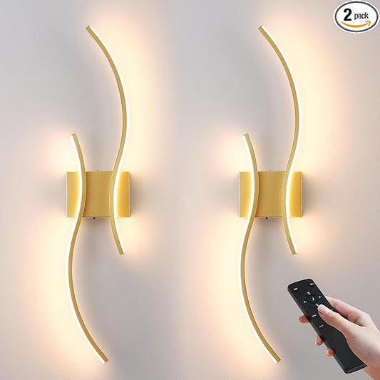 Battery Operated Wall Sconces Set of Two with Remote Control, Stepless Colors 3000K-6000K & Dimming, LED Gold Wireless Wall Light for Living Room, Hallway, Bedroom, 31.5 Inch (2 Pack)