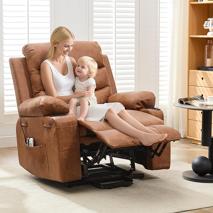 Power Lift Recliner PU Chair for Elderly, with Massage & Heat, Big and Tall Living Room or RV Single Sofa for Adults, 135° Reclining Accent Chairs, 2 Cup Holders and Side Pockets (Brown Leather)