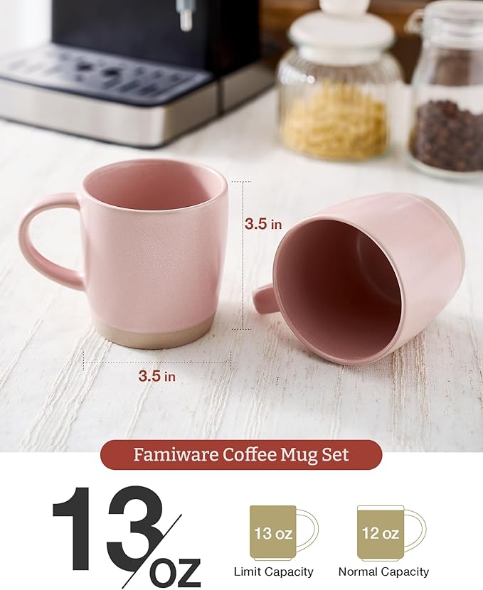 famiware Coffee Mugs Set of 4, Milkyway 13 oz Mug Set, Ceramic Cup Set with Handle for Coffee, Tea, Cocoa, Milk, Light Pink