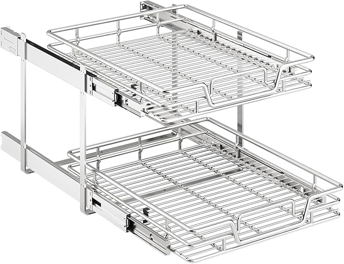 2pαck 2-Tier Kitchen Cabinet Pull Out Shelf and Drawer Organizer Slide Out Pantry Storaqe Basket in Multiple Sizes (18" W x 21" D)