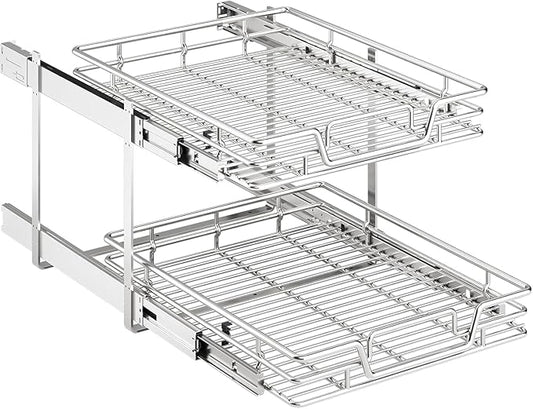 2pαck 2-Tier Kitchen Cabinet Pull Out Shelf and Drawer Organizer Slide Out Pantry Storaqe Basket in Multiple Sizes (18" W x 21" D)