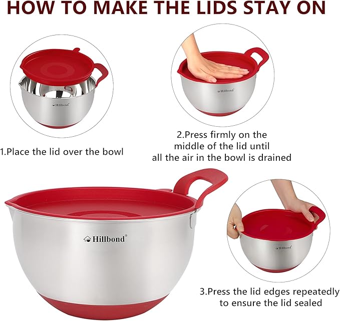 Hillbond Mixing Bowls with BPA Free Airtight Lids Nesting Bowls with Pour Spout, Silicone Handle and Non-Slip Bottoms for Baking, Stainless Steel Mixing Bowls Dishwasher Safe, 1.5, 3, 5 QT (Red)