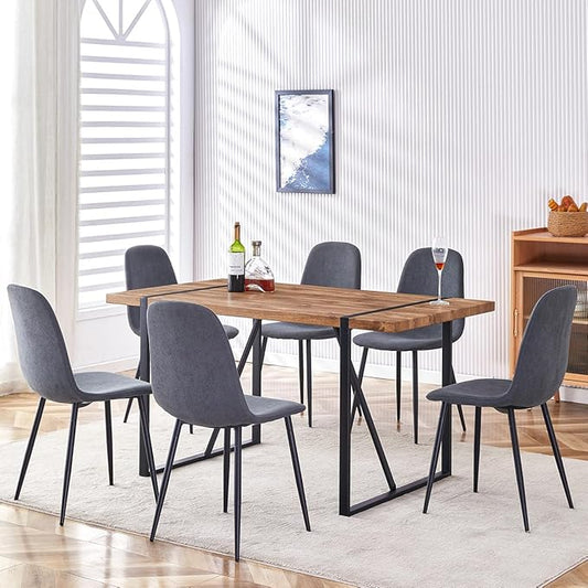 Dining Table Set for 6，Dinner Table Set for 6，55'' Kitchen Table and Suede Nap Fabic Chairs Set of 6，7 Piece Dining Table Set for Kitchen Dining Room