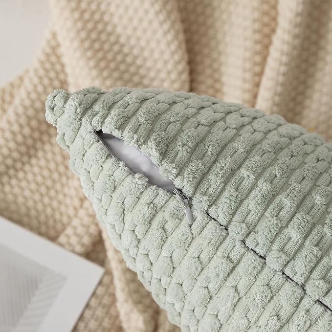 Kevin Textile Pack of 2 Corduroy Decorative Throw Pillow Covers 22x22 Inch Spring Soft Boho Striped Pillow Covers Modern Farmhouse Home Decor for Spring Sofa Living Room Couch Bed Light Green