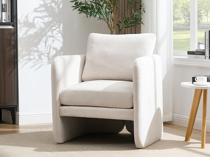 Modern Barrel Accent Chair, Mid-Century Beige Chenille Fabric Armchair for Living Room, Comfy Upholstered Reading Accent Chairs Single Sofa Chair for Bedroom Waiting Room Office,1 PCS, Beige