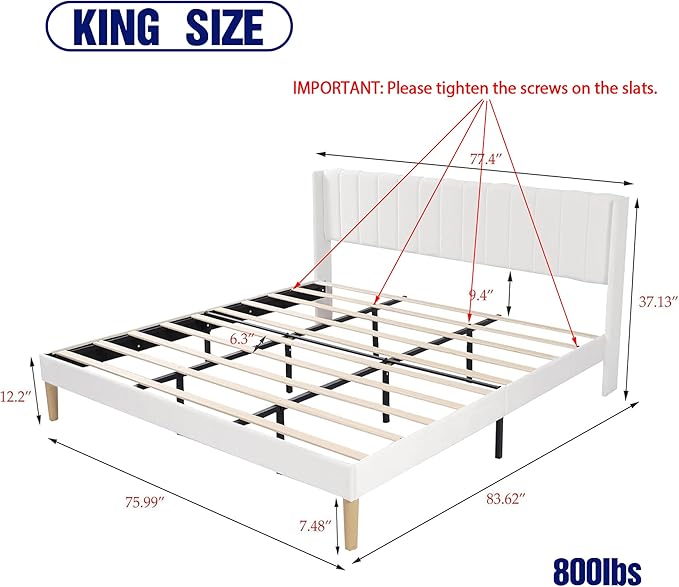 Upholstered Platform King Size Bed Frame with Headboard Wooden Slats Support No Noise Easy Assembly White Linen
