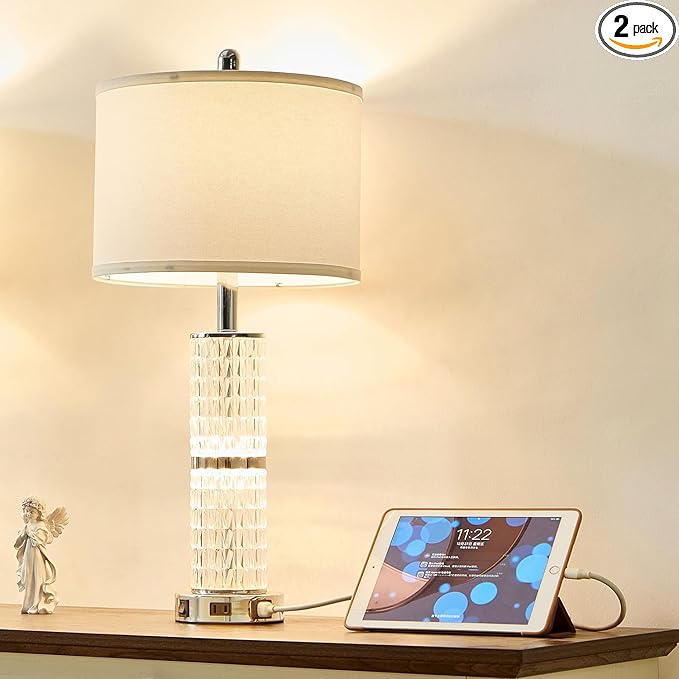 Crystal Table Lamp, Modern Touch Lamp with Nightlight, 3-Way Dimmable Bedroom Lamp with 2 USB Ports & AC Outlets for Living Room Bedside Nightstand Lamp