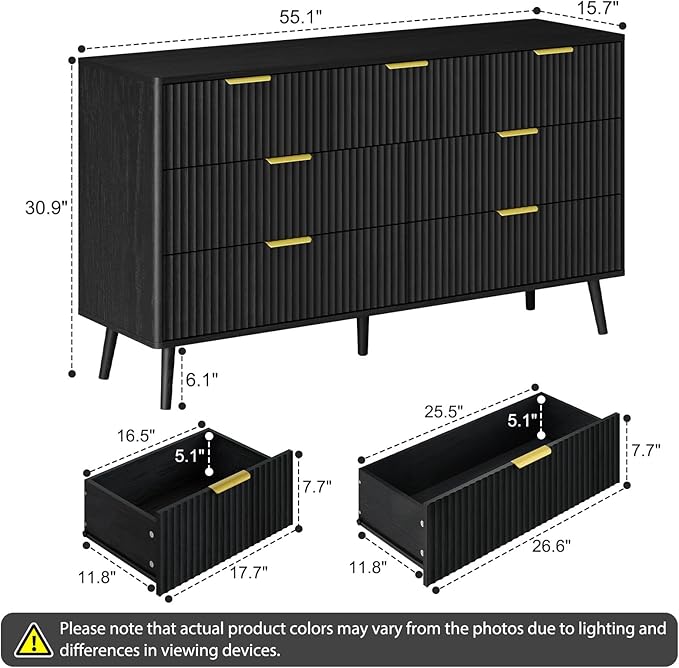 LYNSOM 55" Wide Fluted Dresser for Bedroom with 7 Drawer, Modern Chest of Drawers with Curved Profile Design and Metal Handles, Wood Dresser TV Stand & Storage Organizer for Living Room, Black