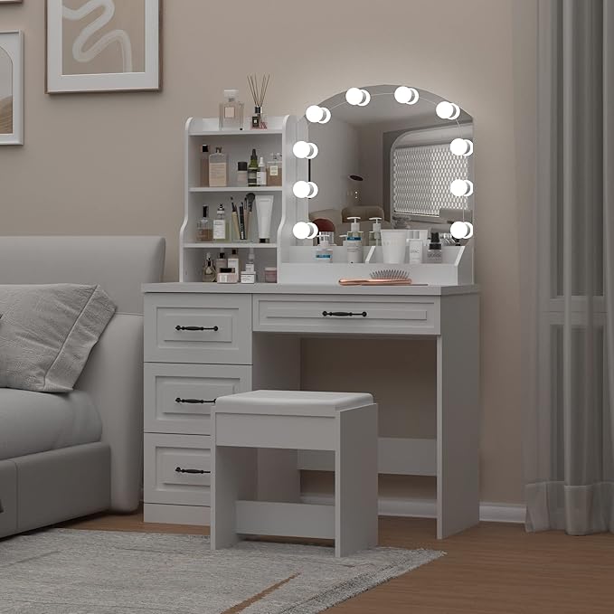 Vabches Makeup Vanity Desk with Lights and 4 Drawers, White Vanity Set Makeup Table Lots Storage, 3 Lighting Colors, Large Size 39.4in(L)