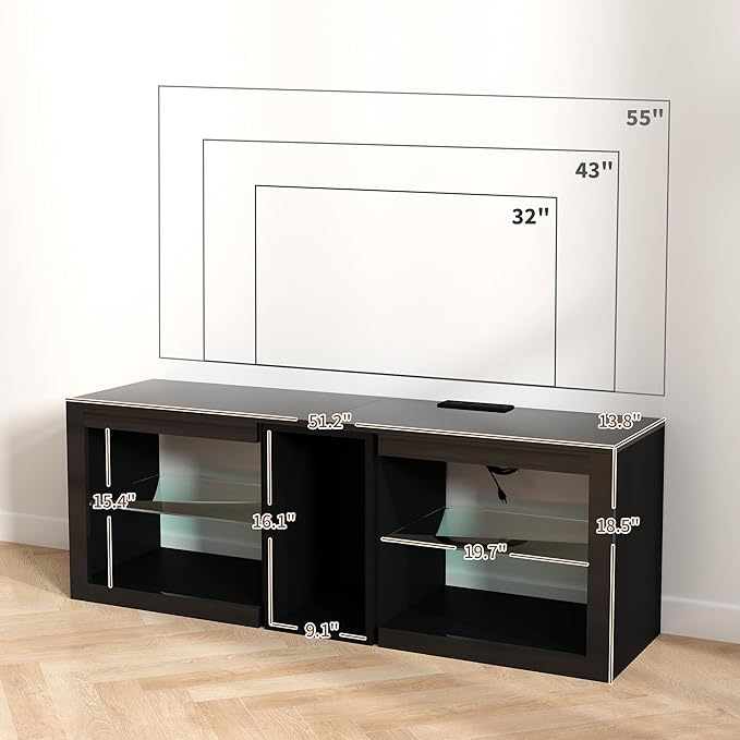 HOMCOM Modern TV Stand with LED Lights and Power Outlets for 55 Inch TV, 51" High Gloss Entertainment Center with Adjustable Glass Shelves, TV Console for Bedroom, Living Room, Black