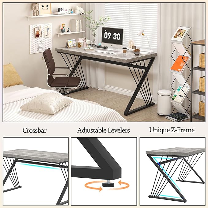 FOLUBAN Modern Desks, Rustic Wood and Metal Computer Desk for Home Office, Simple Study Writing Work PC Table for Bedroom Living Room, Light Grey, 47 Inch