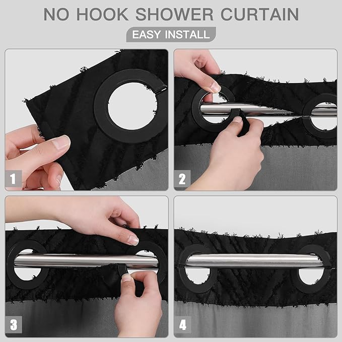 No Hook Extra Long Shower Curtain Set with Snap-in Liner, 86 inch XL Boho Black Fabric Shower Curtains for Modern Bathroom Decor, Hotel Style Shower Curtain with See Through Top Window