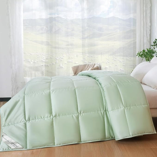 YOUR MOON Luxurious All Season Wool Comforter King Size, 100% Natural Australian Wool Filling, Hypoallergenic Comforter Duvet Insert, Noiseless Cotton Shell (Green)