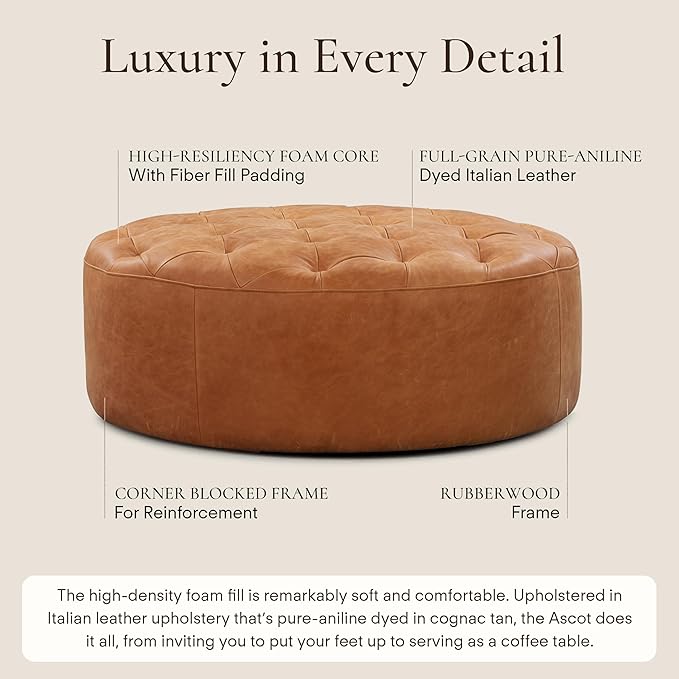 Poly & Bark Ascot Ottoman – 40" Round Pouf with Feather-Down Topper – Full-Grain Leather Upholstered Pouf Ottoman for Living Room – Vintage Italian Leather in Cognac Tan