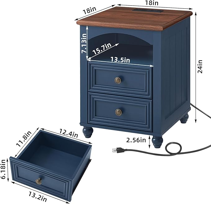 18" Farmhouse Night Stand Set 2 with Charger Station, Blue 2 & 3 Drawers Wood Nightstand, Bedside End Table with Storage and Roman Column, Bed Side Tables Cabinet for Bedroom, Living Room, and Closet