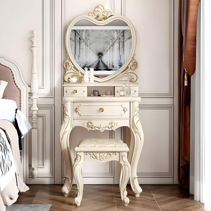 CraftThink Modern Makeup Vanity Set, Bedroom Makeup Vanity Desk Wood Vanity Dressing Table for Bedroom, Makeup Vanity & Mirror & Stools Hearts 24" L x 19" W x 64" H