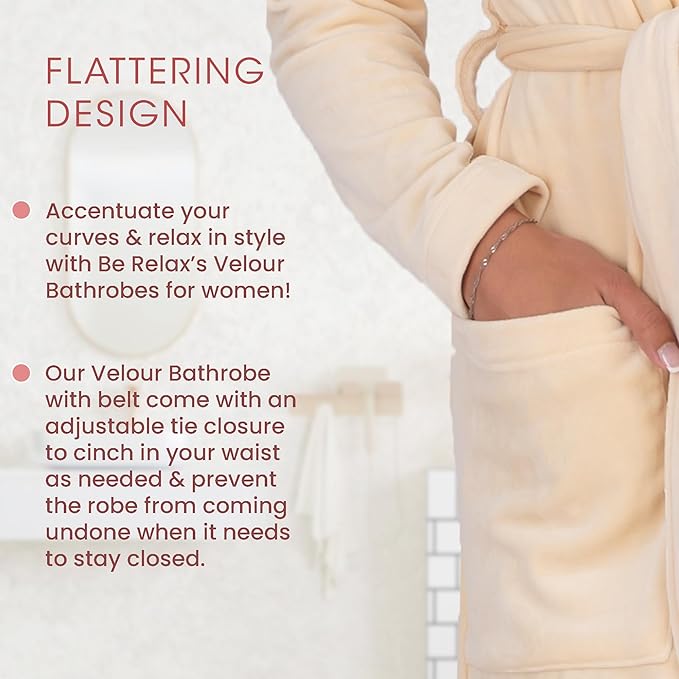 Be Relax Terry Velour Robe - Made of Polyester, Shawl Collar Robe with Belt & Side Pockets, Soft & Warm Bathrobe for Women