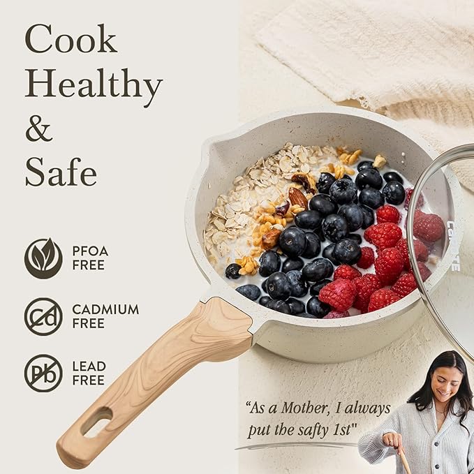 CAROTE 1.8Qt Sauce Pan Sets with Lid Cooking Pots Nonstick Saucepans Cookware Set with Pour Spout Small Kitchen Pot, Induction Comptable, Easy to Clean, PFOA FREE (White Granite)