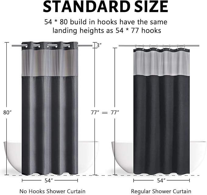 No Hook Waffle Weave Shower Curtain with Snap in Fabric Liner Set,Heavy Duty Textured Bathroom Curtain with See Through Window,Waterproof & Machine Washable,Dark Grey,54x80 Inch