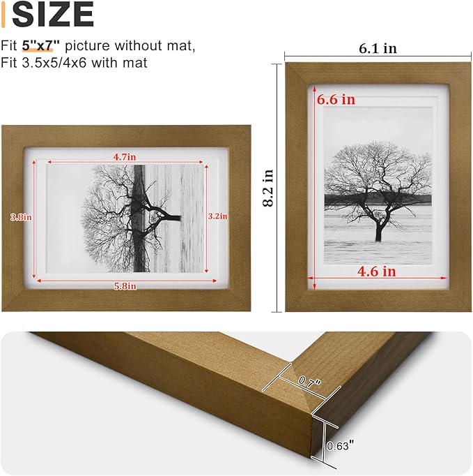 Egofine 5x7 Picture Frame Made of Solid Wood with Plexiglass, Display Pictures 3.5x5/4x6 with Mat or 5x7 Without Mat, for Table Top and Wall Mounting Photo Frame, Light Brown