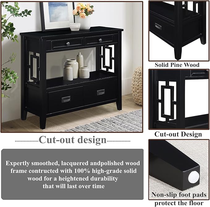 36 Inch Country Farmhouse Console Table with 4 Drawers and 1 Storage Shelf Pine Wood Suitable for Entryway Entrance Living Room Bedroom Hallway Kitchen (Black)