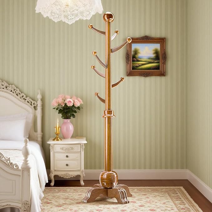 Hall Tree, Freestanding Wood Tree Rack with 7 Hooks, Coat Rack with Stable Sphere Base, Wooden Coat Rack Stand, Load 210 lb, Coat Hanger Stand for Entryway, Hallway, Bedroom (Natural)