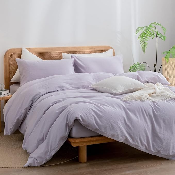 BESTOUCH Duvet Cover Set 100% Washed Cotton Linen Feel Super Soft Comfortable Chic Lightweight 3 PCs Home Bedding Set Solid Taro Purple Oversized King
