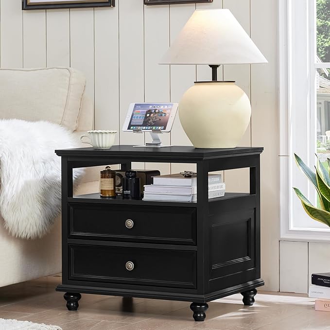 Farmhouse Nightstand with Charging Station, 24" Wide End Table with 2 Drawers, Black Dresser for Bedroom, Bed Side Table Chest of Drawers Cabinet,Wood Night Stand for Living Room, Closet