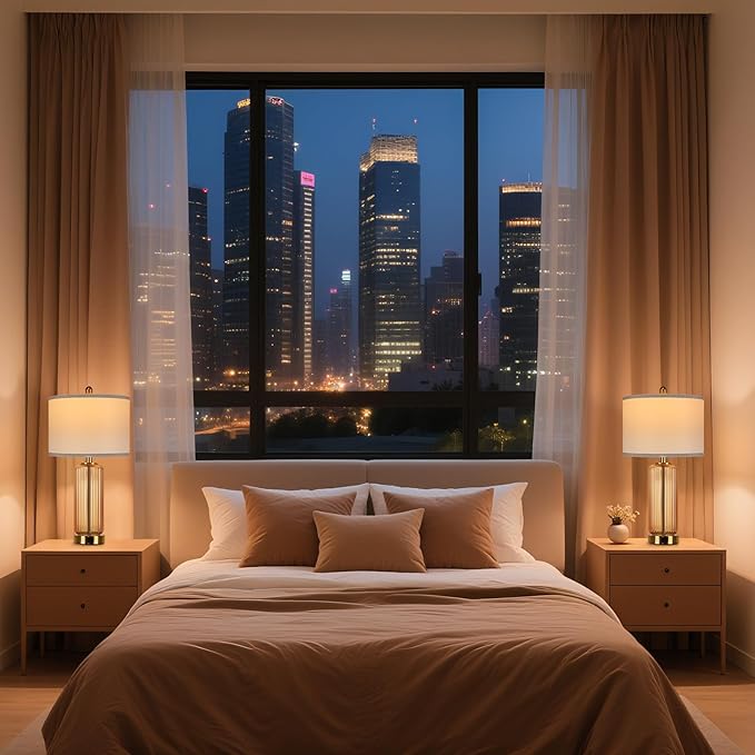 Table Lamps Set of 2 with Touch Control, 3-Way Dimmable Nightstand Lamp with Vertical Grained Glass, Bedside Table Lamps, 27" Modern Glass Bedside Lamps with USB A+C Ports, Brown Desk Lamp for Bedroom