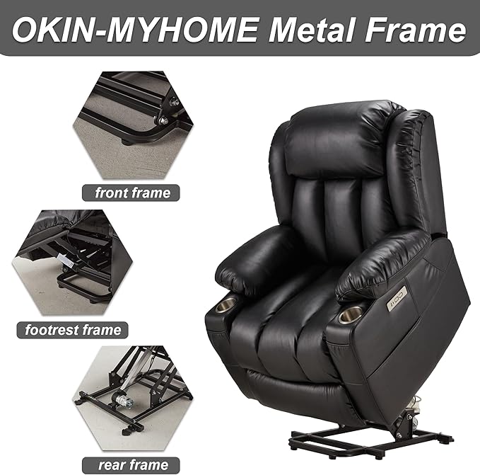 Power Lift Recliner Leather Chair Sofa with Massage & Heat, Lazy Boy Chair with Cup Holders, USB & Type-C Ports, Remote Control (Black)