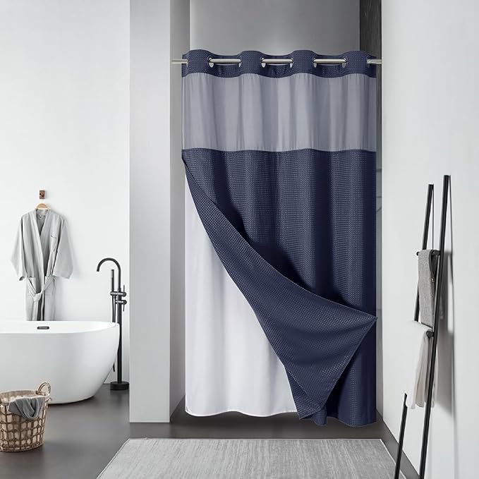 Navy No Hook Waffle Weave Shower Curtain with snap-in Liner Replacement, 230GSM Waterproof Fabric Hotel Shower Curtain Set for Bathroom, Through Mesh Top Window,54Wx80H