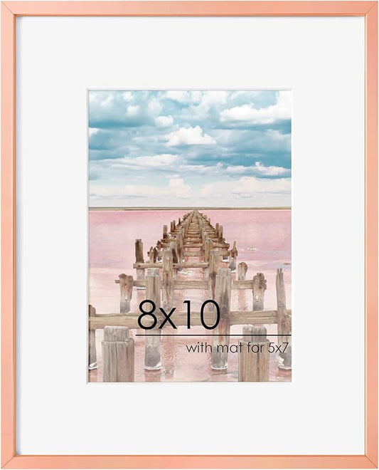 8x10 Picture Frame - Metal Frame With Mat 5x7 | 8 x 10 Aluminum Photo Frame | Plexiglass And Hanging Hardware Included | Black 8x10 Picture Frame | Rose Gold