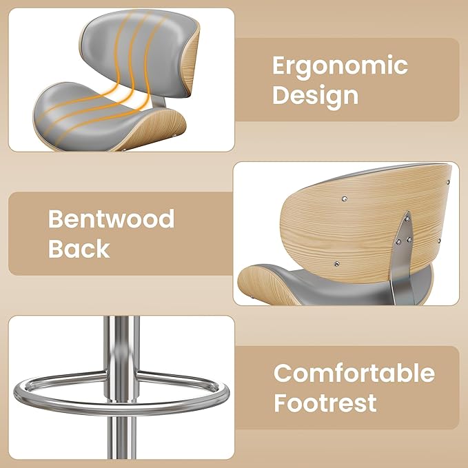 Bar Stools Set of 4, Bentwood Adjustable Height Swivel Bar Stools, PU Leather Upholstered Bar Chair with Back and Footrest for Bar, Kitchen, Grey