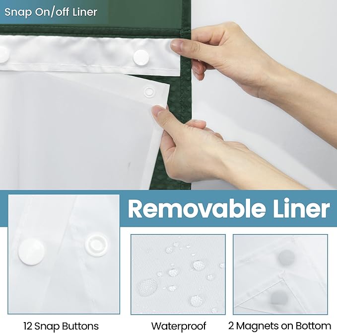 Dark Green Shower Curtain and Liner Set - 230GSM Waffle Weave Textured Heavy Duty,Hotel Luxury Weighted Bath Curtain,71W x 74H