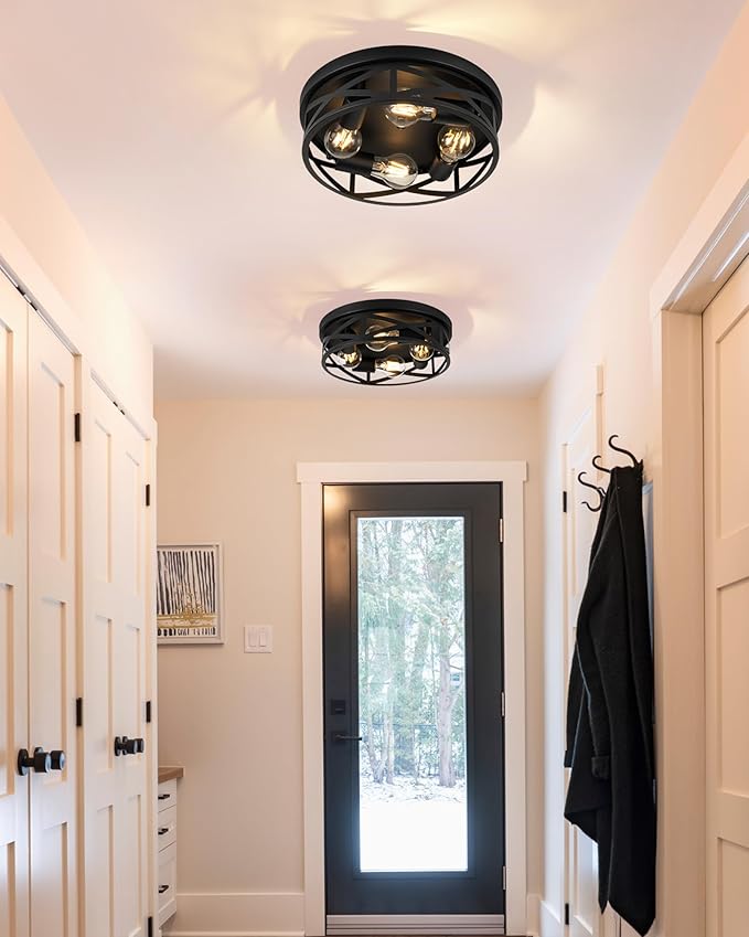 Black Flush Mount Ceiling Light Fixtures,4-Light Modern Hallway Light Fixtures Ceiling, Black Light Fixture Ceiling Mount for Farmhouse,Kitchen, Bedroom 2 Pack